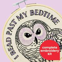 Owl I read past my bedtime Complete Embroidery Kit - DIY, beginner friendly, gifts for readers, book