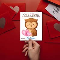 Valentine's Day Cards for Kids, Owl Valentine Card, Owl I Need is You, Cute Classroom Valentines