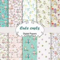 Cute owls papers, kids paper pack, birds seamless patterns, flowers background, nursery art.