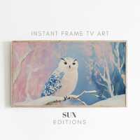 Samsung Frame TV Art colorful pink owl pastel winter painting Digital Download