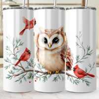Owl and Cardinals Vintage Tumbler Wrap, Woodland PNG File (Digital Download)
