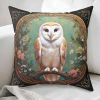 Barn Owl Throw Pillow: Neoclassical Floral Frame, Washable Cover