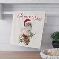 Tea Towel, Joyeux Noel Merry Christmas Owl Cotton Twill Kitchen Towel - Holiday Decor, Festive Dishc