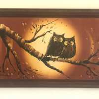 Large C. Roberts Painting of 2 Owls on a branch Mid Century Decor