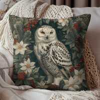 William Morris Inspired Snowy Owl Pillow, Winter Woodland Christmas & Cottagecore Pillow Home D&