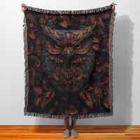Dark Academia Owl Blanket, Woven Jacquard, Cozy Cotton Throw, Earthy Tones, Gift for Reader