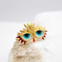 Vibrant Gold Owl Statement Ring: Adjustable Handmade Funky Eye Jewelry, Unique Gift for Her