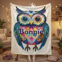 Personalized Owl Blanket: Romantic Flannel Fleece Throw, Custom Name Gift Colourful Bird