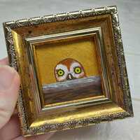 Owl bird painting original Golden small artwork framed Bird owl wall art Best friend gift for friend