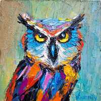 Owl Painting Wildlife Painting Original Art Impasto Oil Painting 6x6 Wall Art Animal Painting Bird P