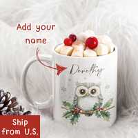 Personalized Christmas Owl Mug-Cute Winter Coffee Cup with Custom Name-Holiday Gift for Her-Gift for