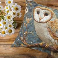 Square Pillow, Elegant Barn Owl Pillow in Muted Colors, Faux Batik Style, Home Decor, Living Room Ac