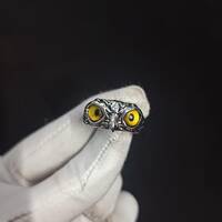 Yellow Eye Owl Ring: Silver Plated Adjustable Brass Ring