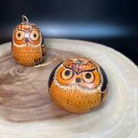 Peruvian Hand Carved Gourd Owl Ornament Burned for Color Kitschy Cute Rustic Arts and Crafts Decor O