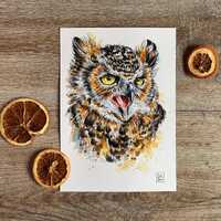 A5 Original watercolor painting pharaoh eagle-owl Bubo ascalaphus no print • handmade drawing b
