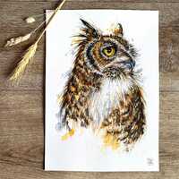 A4 Original watercolor painting great horned owl Bubo virginianus no print handmade portrait drawing