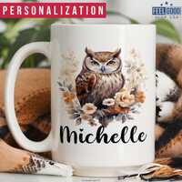 Floral Owl Mug Personalized Owl Gift, Custom Owl Cup With Name, Owl Name Mug, Owl Coffee Mug, Owl Co