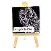 Superb Owl Tiny Fabric Collage on Easel