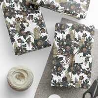 Gray Tone Owl and Flower Design, White Background, Gift Wrap, Scrapbooking Paper, Craft Supplies, DI