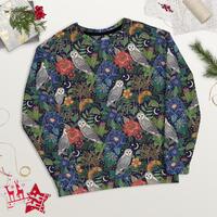 OWLS in Midnight Garden All over Print Recycled Sweatshirt, CHRISTMAS Sweatshirt, COTTAGECORE Sweate