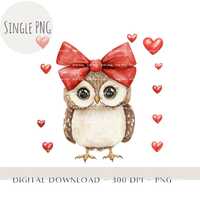 Valentine Watercolor Owl PNG, Red Bow, Hearts Clipart (Digital Download)