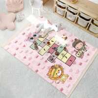 Playful Hopscotch Rug - Pink Owl Lion Design Carpet-Kids Area Rug - Colorful Crown Pattern Mat-Child