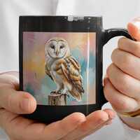 Barn Owl with watercolor backdrop on a black mug (11oz, 15oz).  Gift Barn Owl mug for him, her, and 