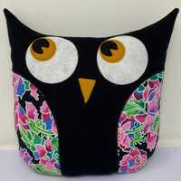 Handmade Stuffed Owl Pillow, Black Cotton, Floral Wings, Nursery Decor
