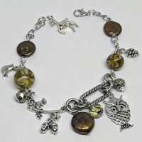 Woodland Wonders Owl Charm Bracelet: Forest Tree Silver Metal Squirrel, Deer, Brown Tan Lampwork Bea