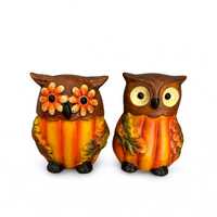 Set of (2) Vintage Ceramic Pumpkin Owl Figurine,  folk art hand crafted owl statue, hand painted  ow