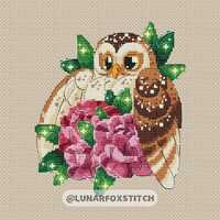 Owl in flowers cross stitch pattern - animal bird forest cute kawaii pink cartoon sparkle nature emb