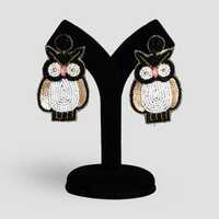 Hand Beaded Owl Dangle Earrings: Black & White Boho Jewelry