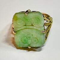 Antique carved Burma jade owl not treated 20x15 mm Sterling silver ring 14 K gold plated adjustible 