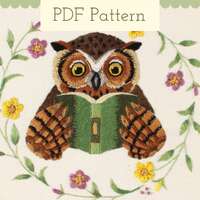 Reading Owl PDF Embroidery Pattern &ndash; Whimsical Forest Animal Thread Painting Design for Book L