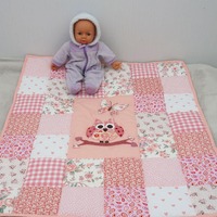 Pink Owl Crib Quilt, Handmade Patchwork Newborn Blanket, Baby Girl Bedding