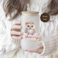 Personalized Floral Owl Mug with Straw and Lid Iced Coffee Frosted Tumbler Gift For Women Gift For O