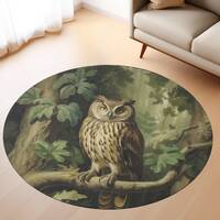 Antique Botanical Owl Round Area Rug 60x60" - Vintage Wildlife Forest Scene Carpet for Rustic C