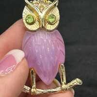 Gold metal and rhinestone pink owl pin accessory