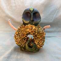 Handmade Mystic Clay Owl Sculpture: Gold Detailed Spiritual Decor