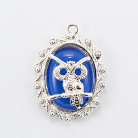 Owl Pendant, Silver with Blue/Purple Inlay, 38x32mm Oval, 1 count