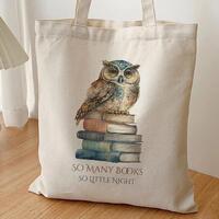 Owl and Books Tote Bag, Literary Cotton Canvas Shopper