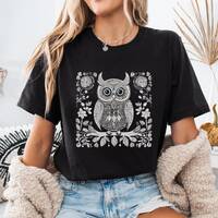 Boho Owl t-shirt, Folk Art Owl among Flowers, Vintage graphic shirt, Nordic style Bird shirt, Retro 