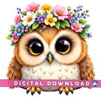 Whimsical Owl with a Spring Flower Crown PNG Digital Download Clipart Printable Art Dtg Dtf Mugs T-S