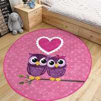 Cute Owls Kid's Room Round Rug - Pink Heart Circle Carpet - Animal Nursery Oval Rug - Girl Baby
