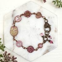 Sweet Pink Owl and Flower Shaped Czech Glass Beaded Women’s Bracelet, Chunky, Vintage Style, B