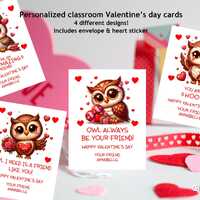 PRINTED Personalized Owl Classroom Valentine's Day Cards, Valentine's Day Cards, Owl Valenti