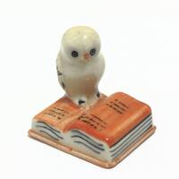 Miniature Animals Ceramic White Owl Bird On Open Book Ceramic Hand painted