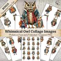 Whimsical Owl Portrait Clipart: Mixed-Media Ephemera (Digital Download)
