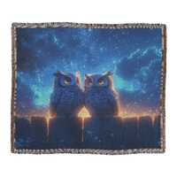 Two Owls Sitting on Glowing Wooden Fence Under Twilight Sky Filled with Stars Peaceful and Serene Wo