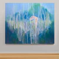 The Owls Symphony is a semi-abstract, art nouveau, magical realism style oil painting of a white owl